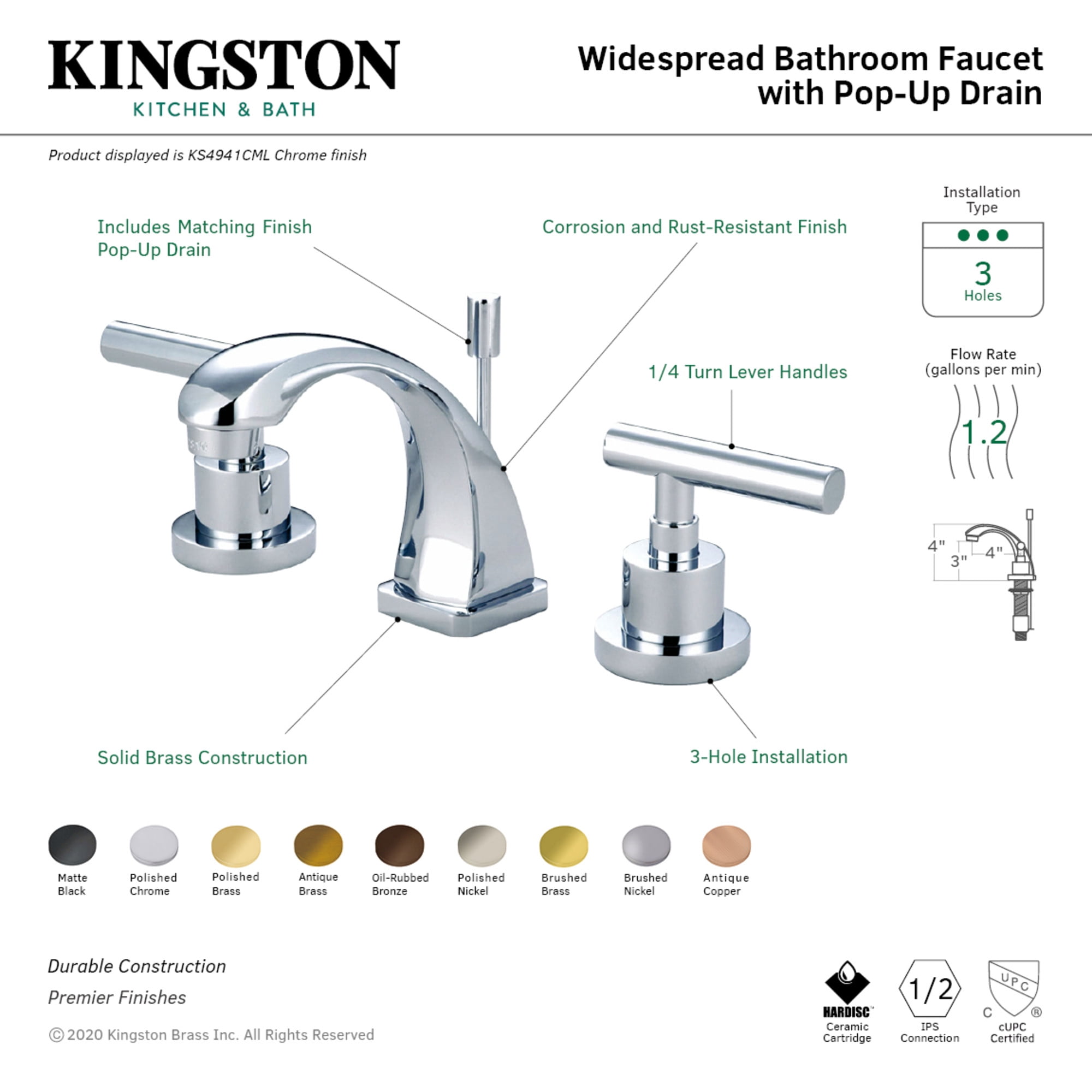 Kingston Brass KS4947CML Manhattan Widespread Bathroom Faucet with Brass Pop-Up, Brushed Brass