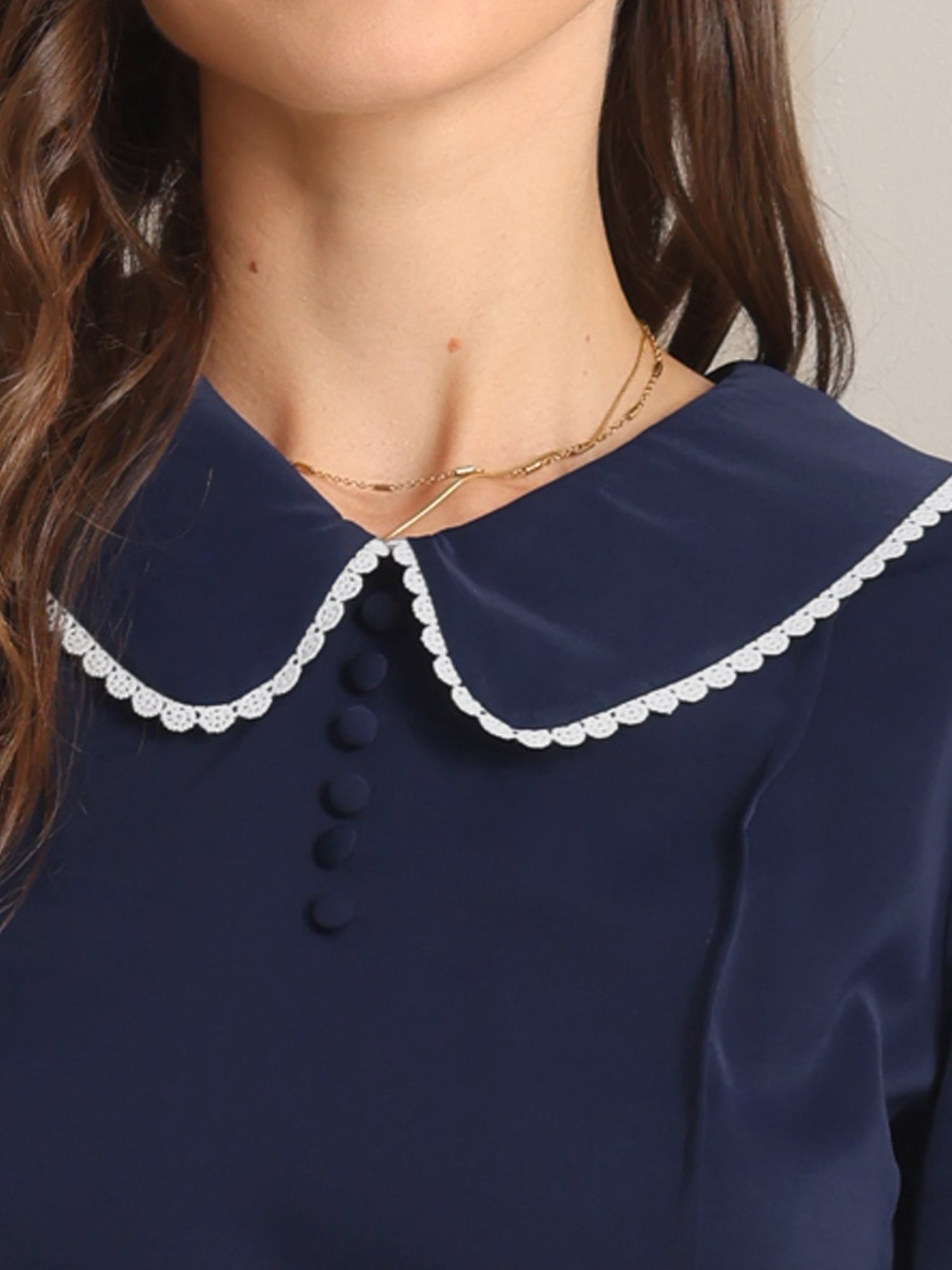 DARING DIVA Peter Pan Collar Button Decor Blouse XS Dark Blue