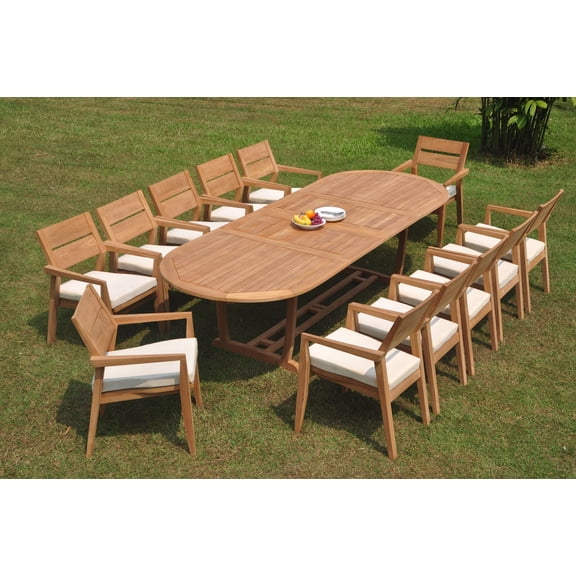 Grade-A Teak Dining Set: 12 Seater 13 Pc: 118" Double Extension Mas Oval Trestle Leg Table And 12 Vellore Stacking Arm Chairs WholesaleTeak #WMDSWVm