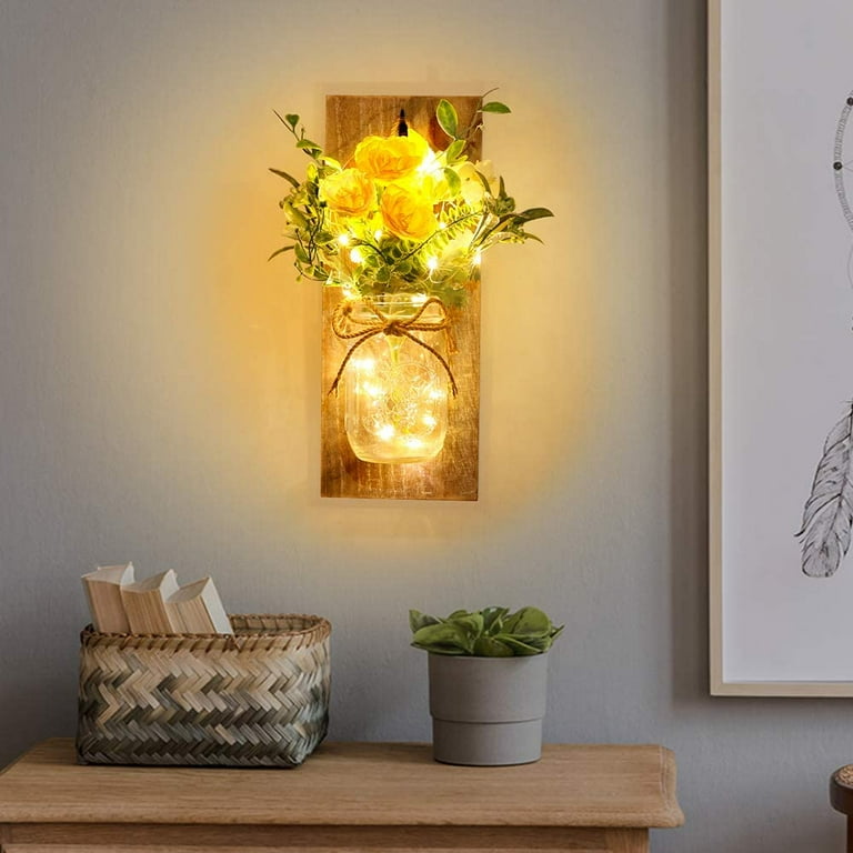 Rustic wall sconces mason jar sconces handmade wall art hanging design with remote control led fairy lights and deals