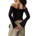 thumbnail image 3 of Wassery Women's Spring Autumn Crop Tops Ruched Drawstring Ruffle Slim Fit Tops Long Sleeve Off Shoulder T-shirt Streetwear Clubwear, 3 of 4
