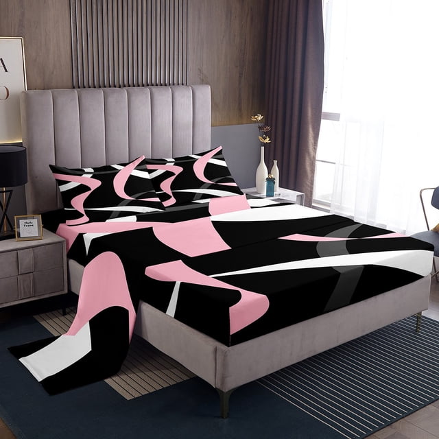 Erosebridal Geometric Stripe Bed Sheets Set Queen Size,Abstract Artwork Bedding Sets Queen Size,Geometry Lines Decor,Breathable,4 Pieces