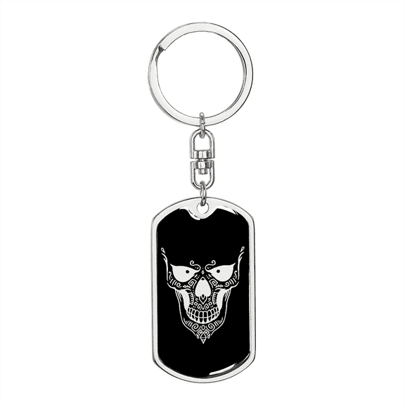 Calavera Mexican Sugar Skull 168 Stainless Steel or 18k Gold Premium Swivel Dog Tag Keychain