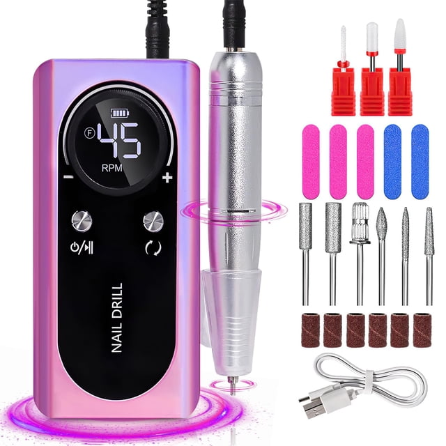 Drill para Uñas Profesional 45000 RPM, Juego de esmeril para uñas multifuncional, Nail drill Eléctrica Recargable, 9 cabezales de pulido, 6 bandas de lijado y 5 limas