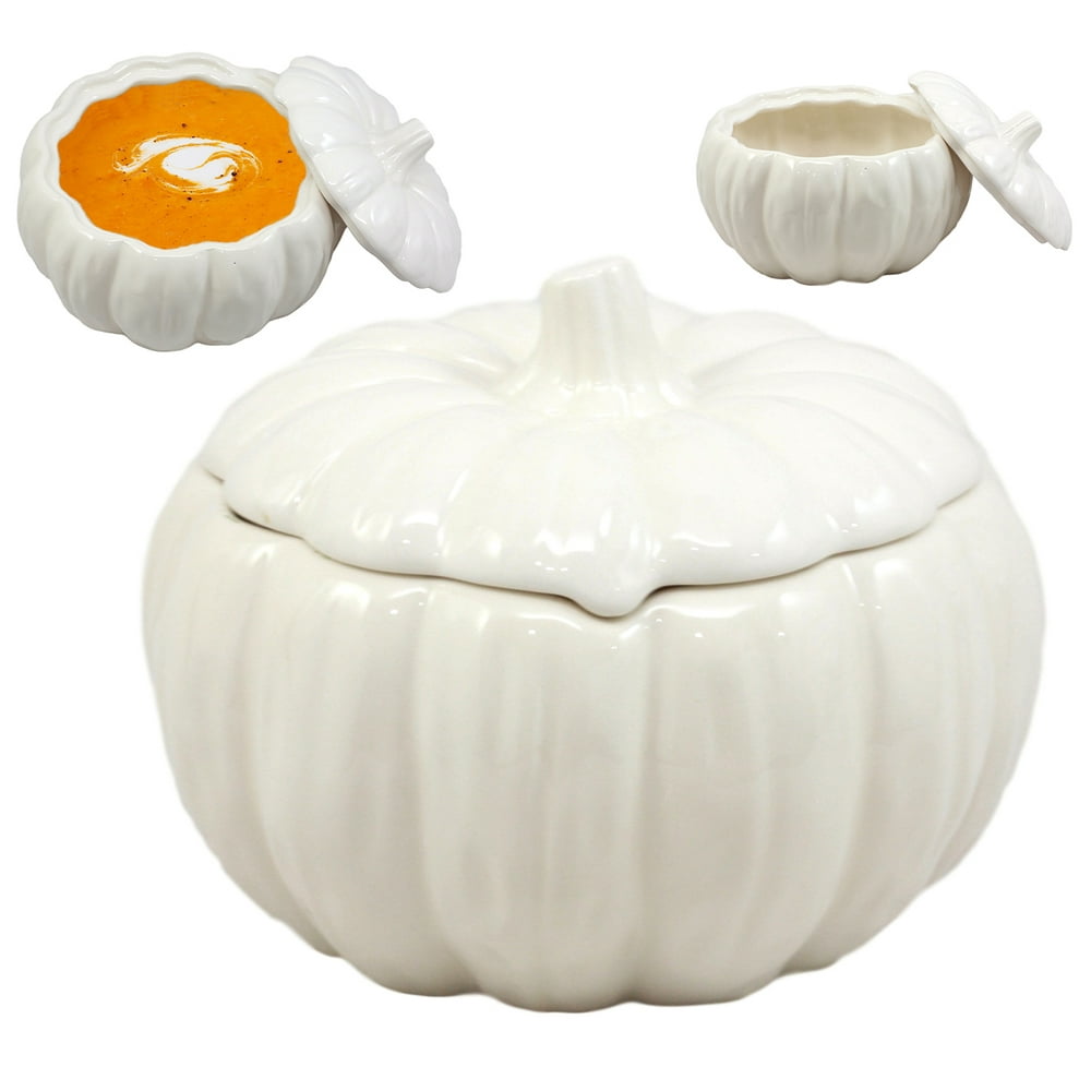 Ebros Ceramic Stoneware White Harvest Pumpkin Bowl With Lid 6"Diameter