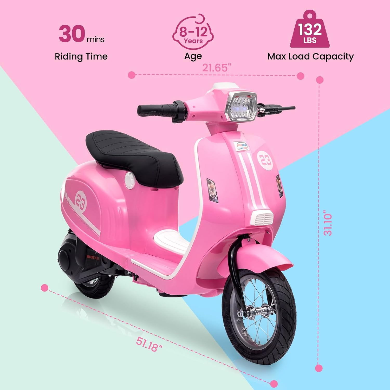 Trilenars 24V 350W Electric Moped Scooter for Kids, Kids Ride on Motorcycle, Max Up to 14MPH, with Rear Brake, Twist Grip Throttle & LED Light, Electric Motorbike for Teens 8-12,Pink