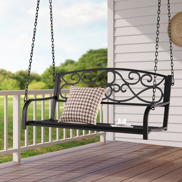 Gymax 2-Person Metal Porch Swing Bench with Chains, Brown