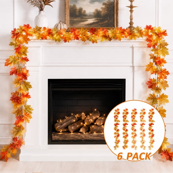 Everkeen 6 Pack 5.8FT Fall Garland Artificial Maple Leaf Garland Autumn Leaves Vine with 12 Hanging Hooks for Thanksgiving Decorations Harvest Festival Mantel Fireplace Staircase Indoor Outdoor Decor