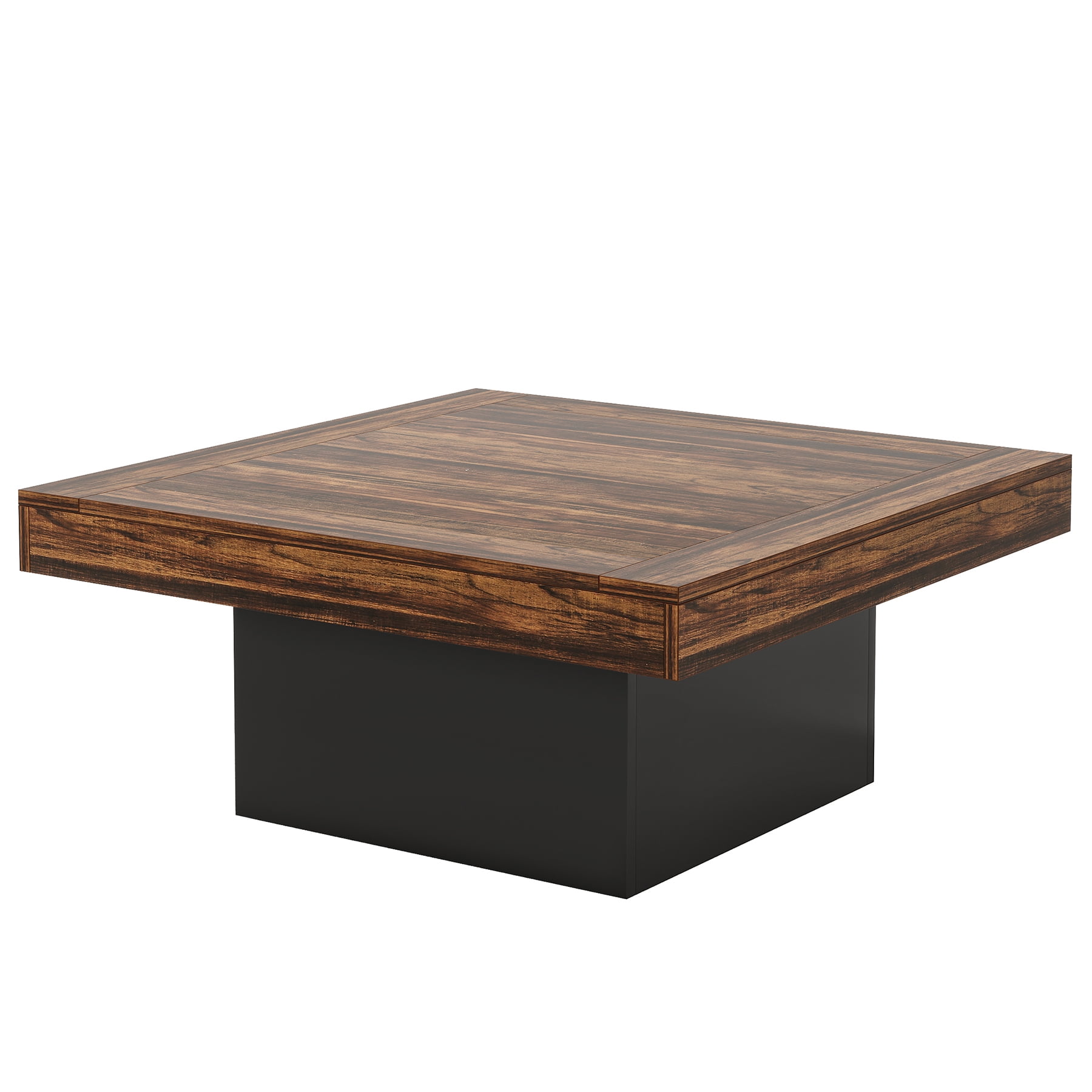 Fnova 36" Farmhouse Coffee Table with LED Lights, Rustic Wood Coffee Table for Living Room, Dark Brown and Black