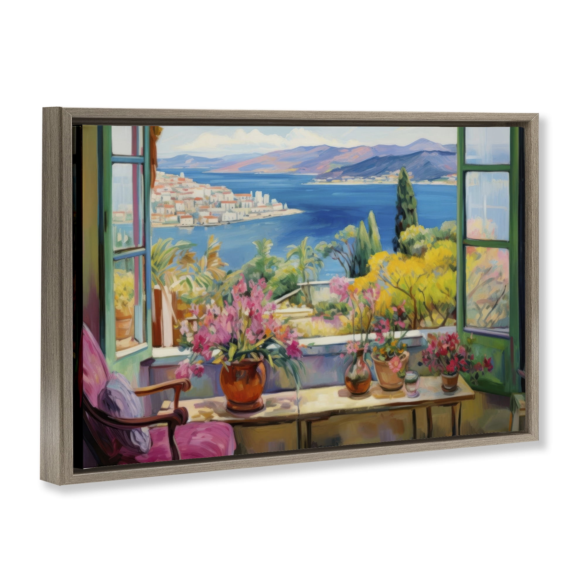 Stupell Industries Seaside Window View Landscape & Nature Painting Brown Floater Framed Canvas Art Print Wall Art, 25 x 17