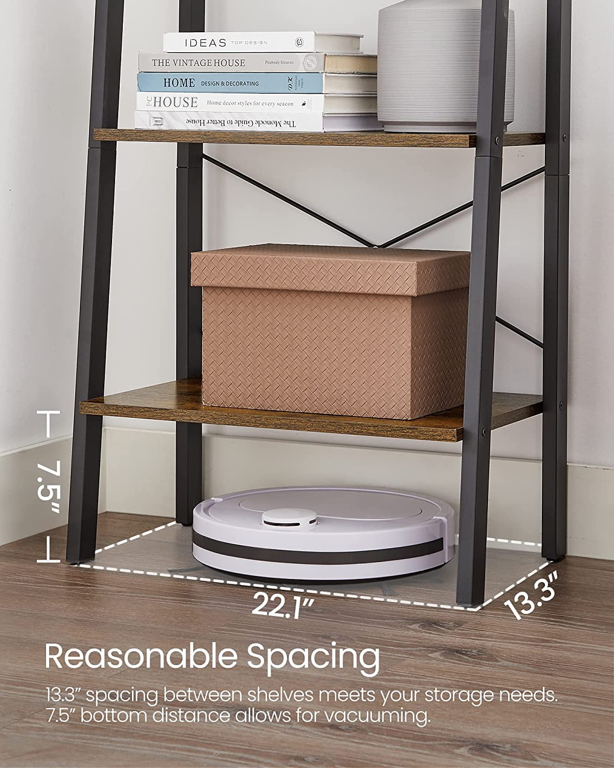 VASAGLE 4-Tier Ladder Shelf Wall Ladder Bookshelf Bookcase Furniture Storage Rack Shelves, Rustic Brown and Black