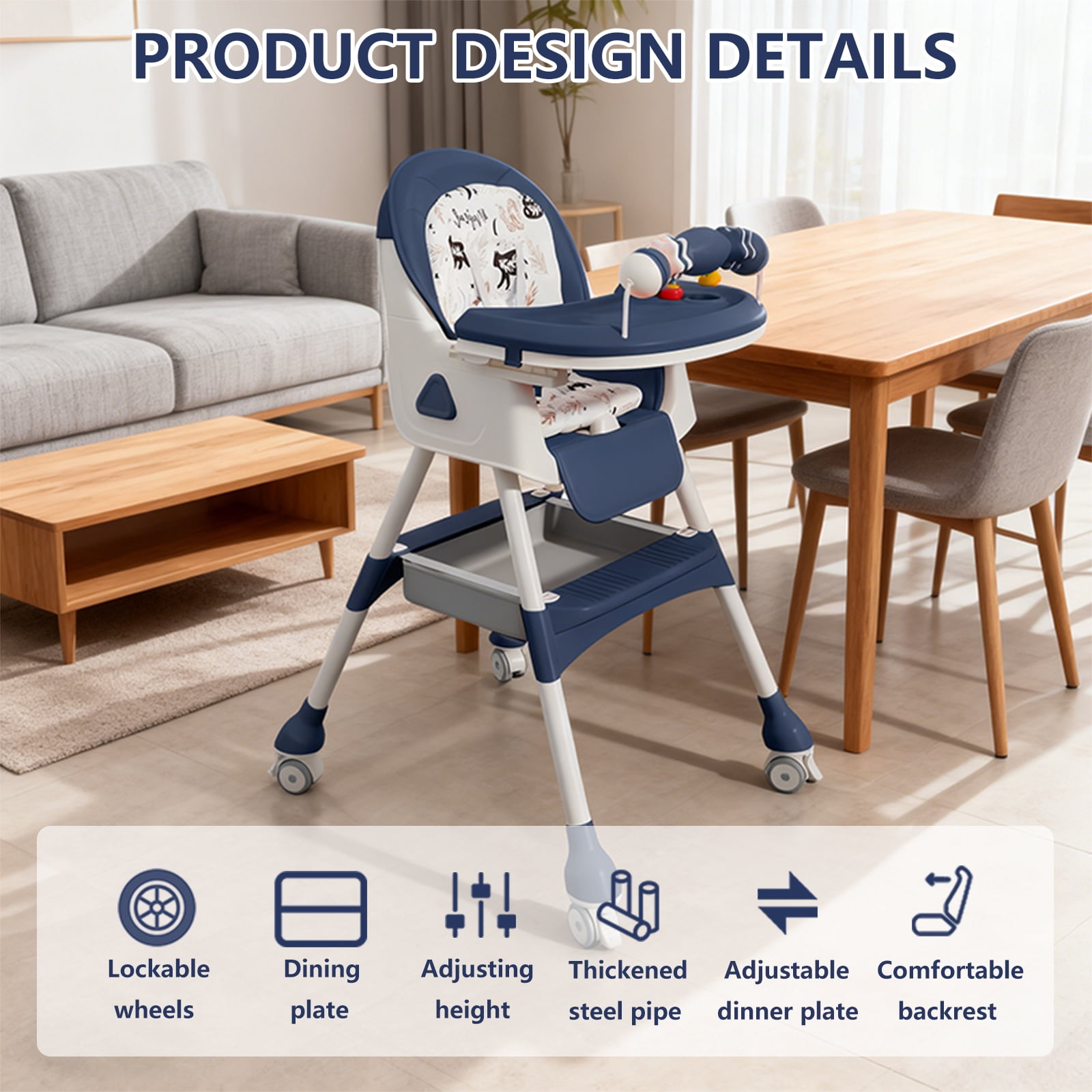 4-in-1 Baby High Chair for Babies & Toddlers, Foldable High Chair with Detachable PU Cushion, Removable Tray, Adjustable Height, Locking Wheels, Blue