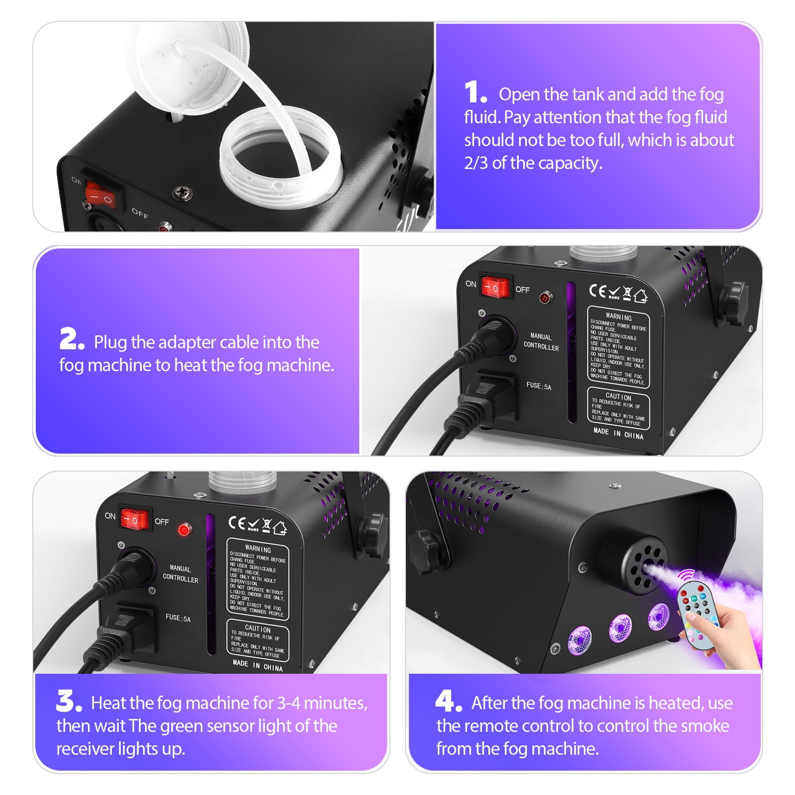 Fog Machine, 500W Fog Smoke Machine with 3 LED Lights for Wedding Halloween Christmas Party Stage Effect