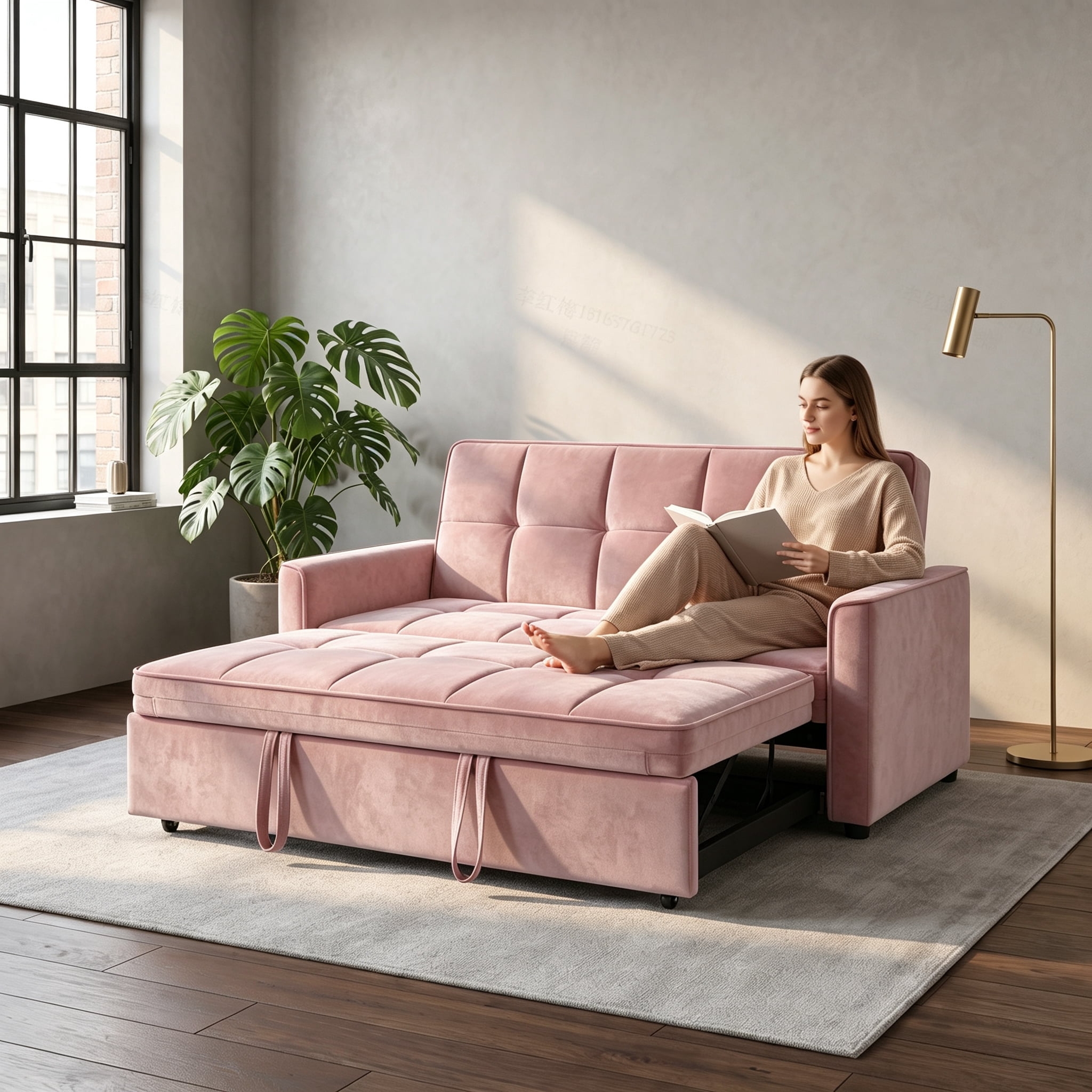 54" Convertible Sleeper Sofa Bed, Modern Velvet 3-in-1 Pull Out Loveseat Couch with 5-Position Backrest & Side Storage Pocket for Living Room, Pink