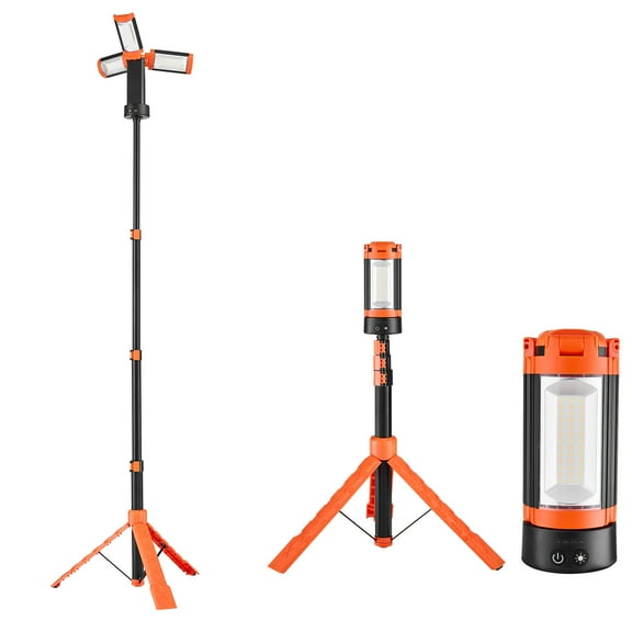 KFFKFF LED Work Light with Stand, Rechargeable Cordless Camping Light, 6Ah Battery, 3 Adjustable Lamp Heads, Detachable Tripod, 2200 Lumens, 3000K-6500K Dimmable