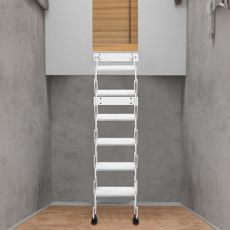 Wall Mounted Attic Ladder Pull Down Telescoping 6 Steps Ladder White Retractable