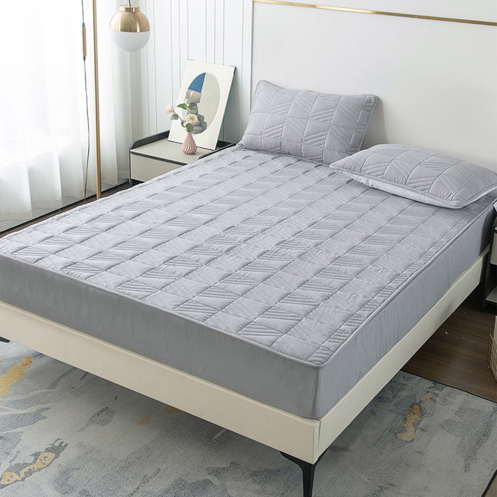 Quilted Fitted Sheet with Deep Pockets, Non-Slip Breathable Mattress Cover, Bed Sheet Set for Home, Hotel, Dorm, Queen Size, All Season, Easy Care, Wrinkle Resistant, Protector Pad(1 pc)