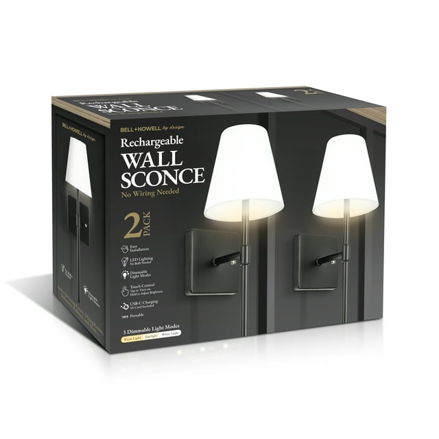 Bell + Howell by Design Rechargeable Wall Lamp Black 2 Pack Fabric Shade Wall Sconce with Dimmable LED Light Modes