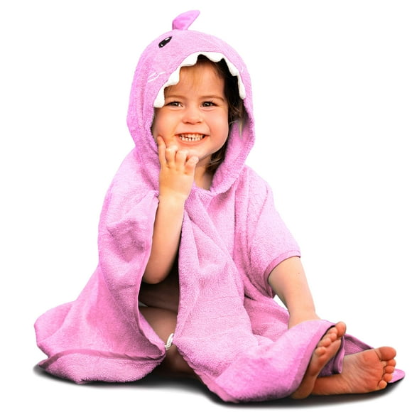 Hudz Kidz Poncho-Serviette à Capuchon de Qualité Supérieure pour Enfants et Tout-Petits - 100 % Coton (Requin Rose)