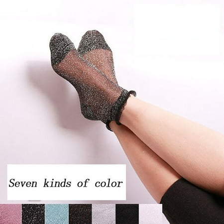 

YMH Summer Women Ladies Sheer Silky Glitter Transparent Lace Ankle Socks Gift