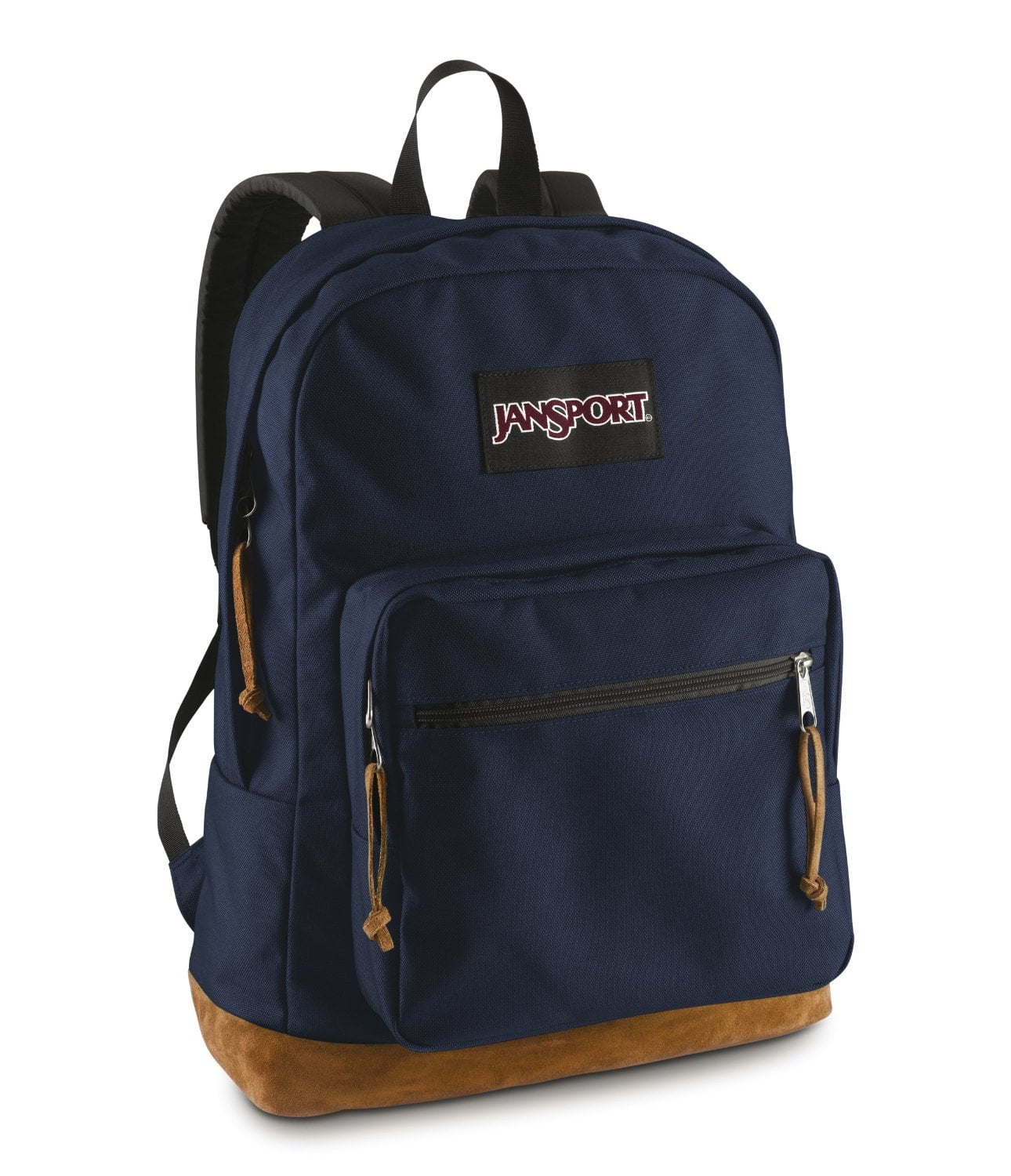 navy blue jansport backpack with leather