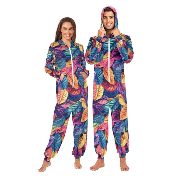 FORMRS Onesies Pajama for Adults Unisex Hoodie Winter Jumpsuit One Piece Sleepwear, Sizes S-2XL, Colorful Art Leaves Pattern