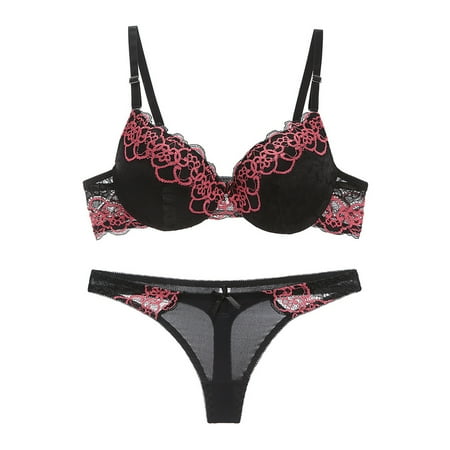 

Caveitl Womens Lingerie Fashion Women Sexy Lace Solid Underwear Pajamas Embroidered Ladies Steel Rings Intimates Set Black