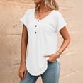thumbnail image 2 of Women's Curved Hem Short Sleeve Shirts Summer Soft Pleated Scoop Neck Button Down Shirt Loose Fit Casual Daily Wear Tops White, 2 of 8
