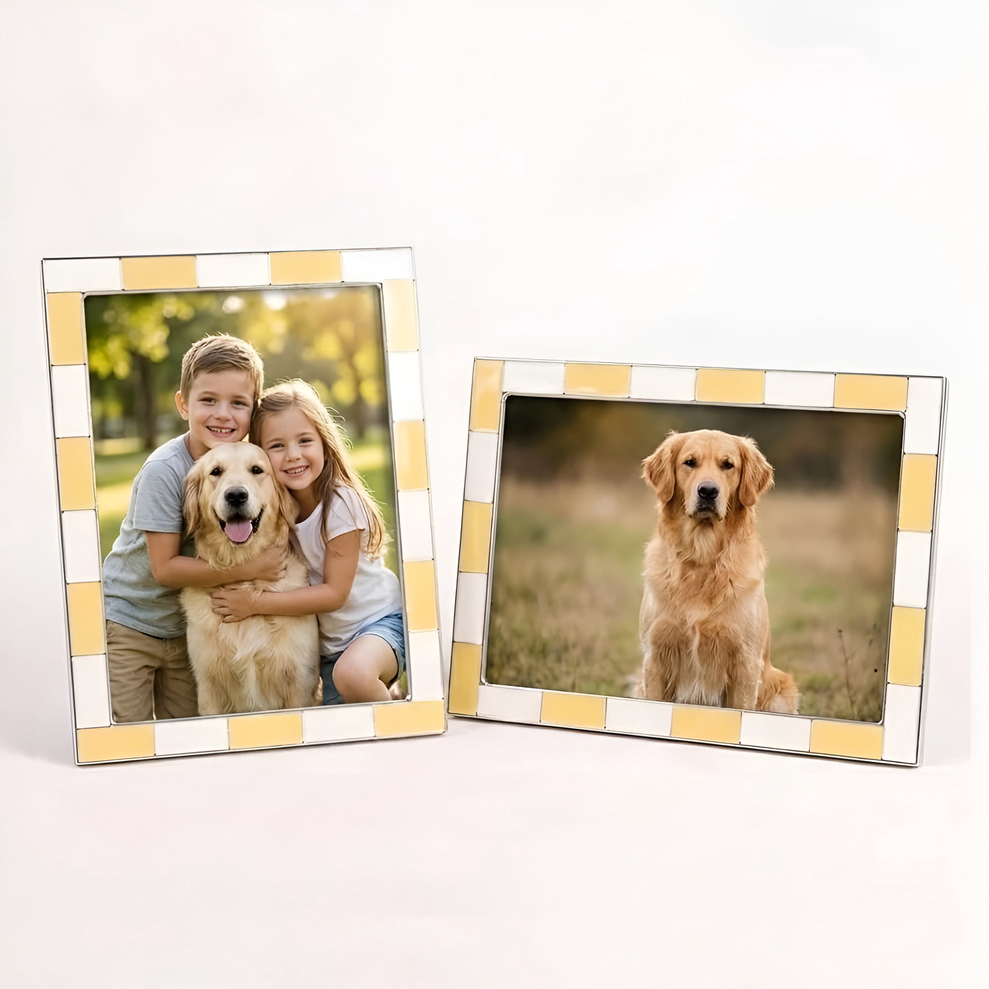 Concepts 4x6 Picture Frames Yellow & White Checkered Retro Enamel Photo Frames with HD Clear Glass, Durable Wall or Tabletop Display Vertical/Horizontal (pack of 4)