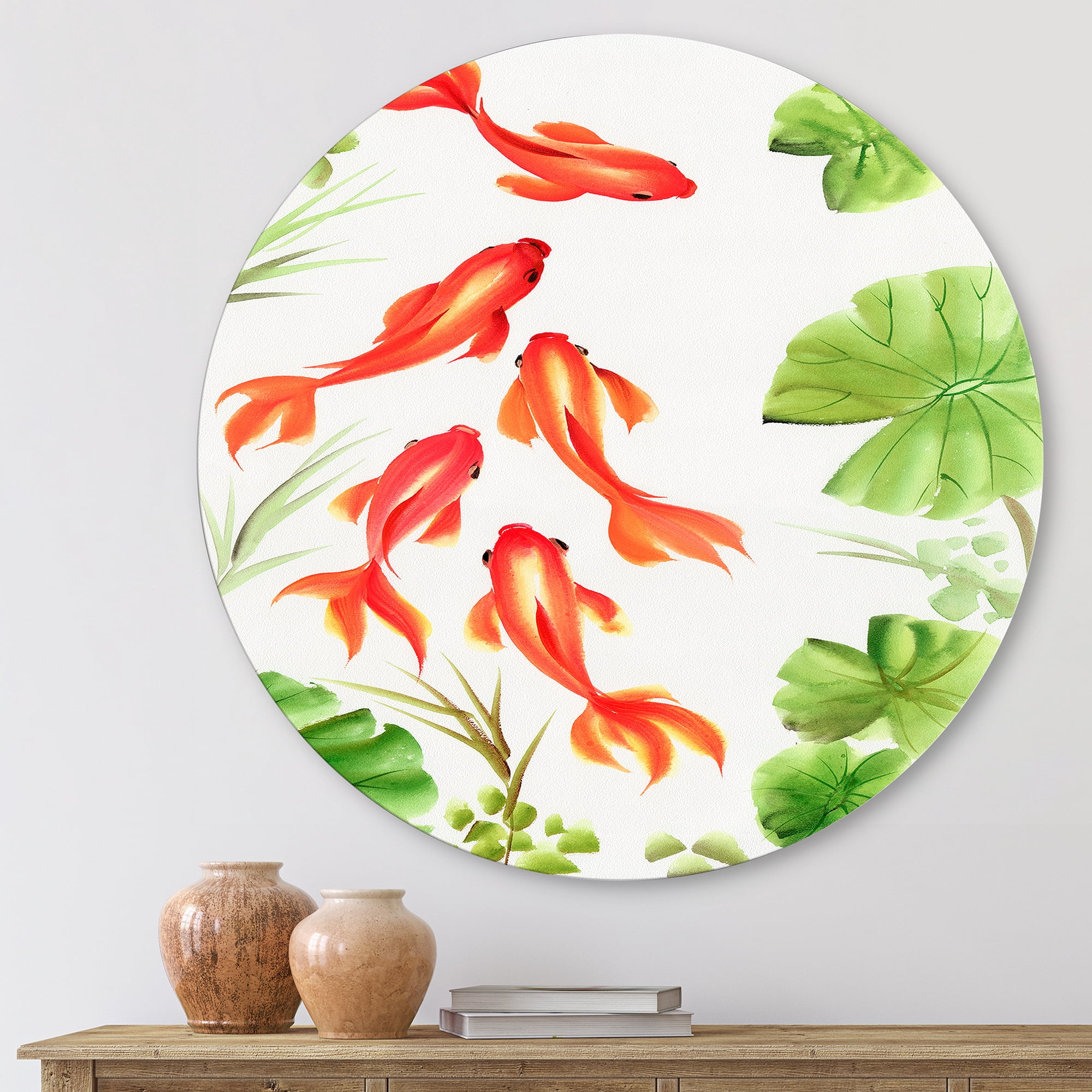 Designart 'Ancient Goldfishes Among The Lotus Leaves' Nautical & Coastal Circle Metal Wall Art 11x11 - Disc of 11
