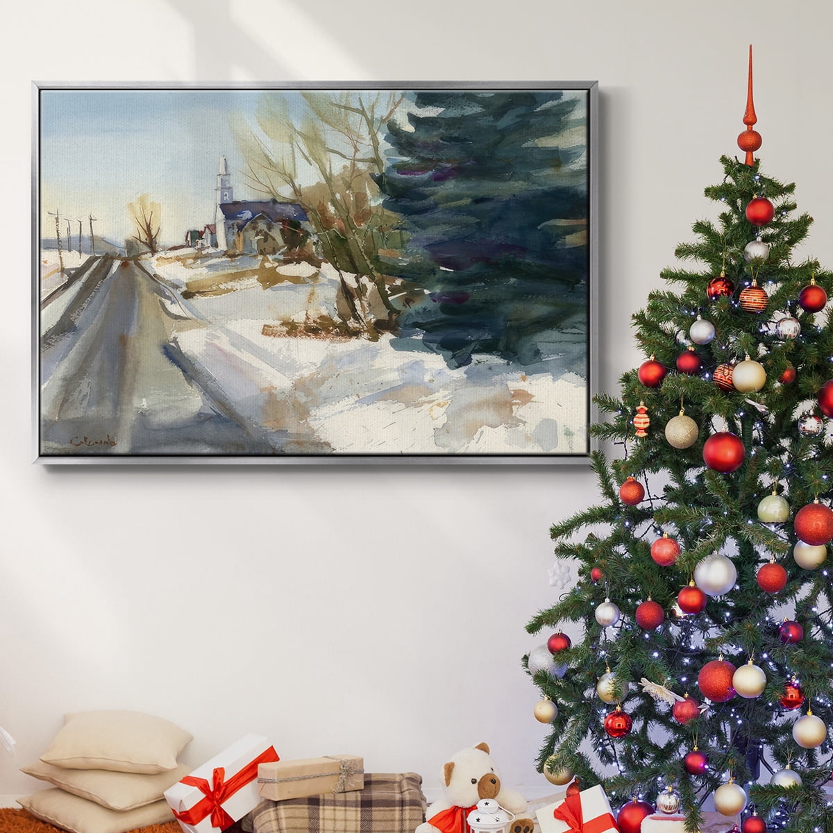 Congregational Church in Winter - Framed Gallery Wrapped Holiday Canvas - 25 x 37 - Silver Frame