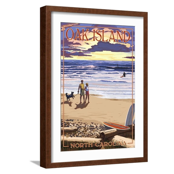 Art.com Oak Island, North Carolina - Beach Walk and Surfers Art Print by Lantern Press, Brown Frame Wall Art, 17" x 23"