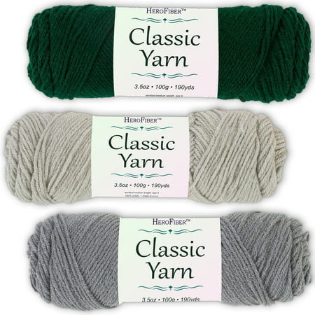 Soft Acrylic Yarn 3-Pack, 3.5oz / ball, Green Forest + Grey Silver + Grey Nickel. Great value for knitting, crochet, needlework, arts & crafts projects, gift set for beginners and pros