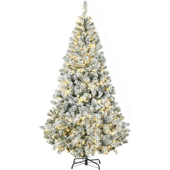 6ft Tall Prelit Artificial Christmas Tree Holiday Décor with 638 Snow Flocked Branches, 220 Warm White LED Lights, Auto Open, Green