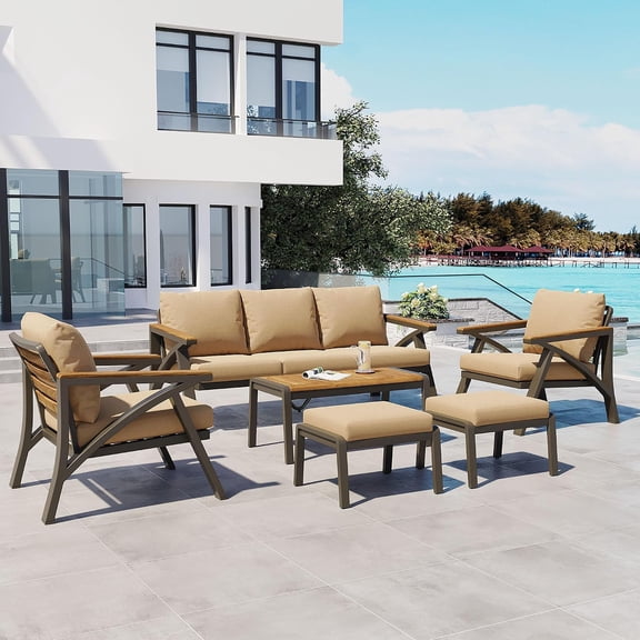 6-Piece Outdoor Patio Seating Set with Ottomans, Steel Frame Sofa & Acacia Wood Coffee Table, Brown Cushions