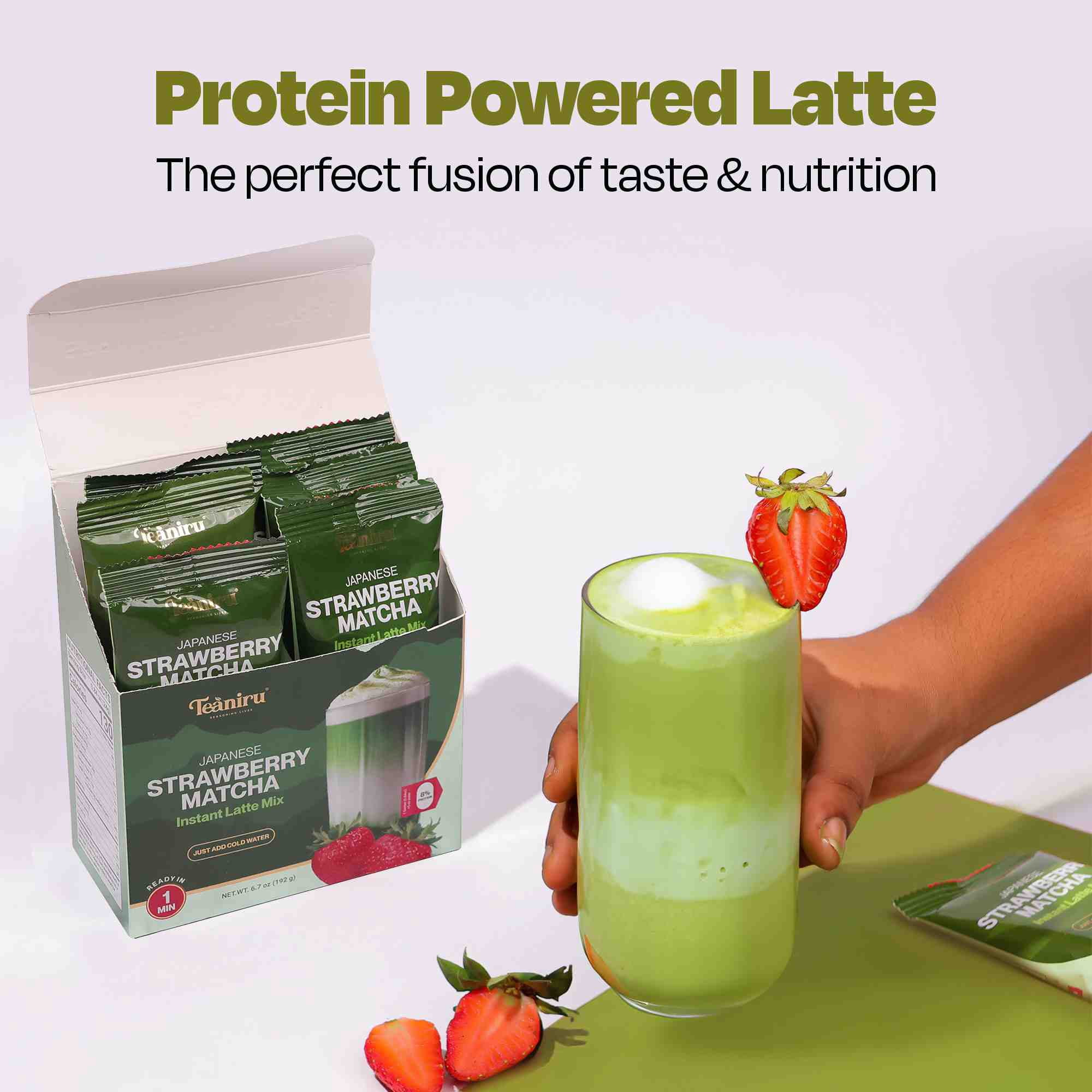 Teaniru, Japanese Strawberry Matcha - Instant Latte in Sachets | Protein - Powered Delight | Japanese Matcha & Strawberry for Energy & Focus | Rich in Vitamin C, Antioxidants & L-Theanine | 8 Sachets