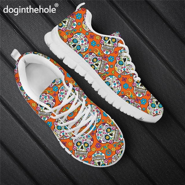 Zapatillas deportivas informales con estampado de calavera de azúcar de Doginthehole para mujer, zapatos planos con cordones para exteriores, calzado para caminar para mujer