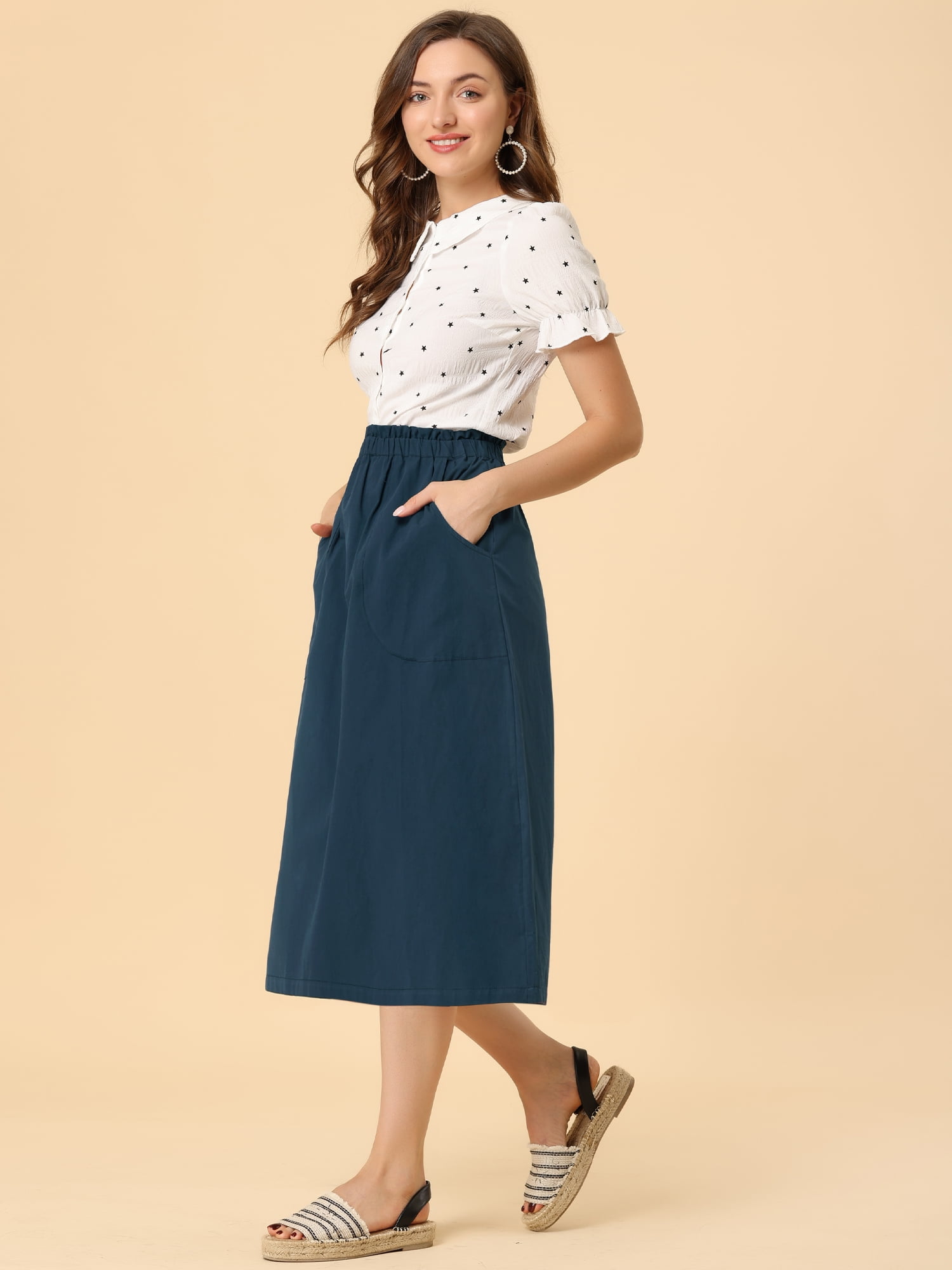 DARING DIVA Women's Cotton A-Line Midi Skirt with Pockets XS Dark Blue