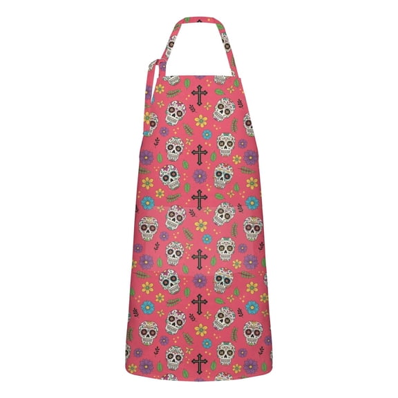 Red Skull Flower Cross Pattern Apron-Garden Aprons for Women with Pockets-Cotton Linen Waterproof Kitchen Cooking Gardening Aprons Adjustable for Kitchen,Cooking,BBQ and Salon 33x27 Inch