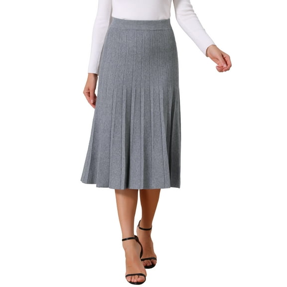 INSPIRE CHIC Women's Pleated Skirts High Waist Stretchy A Line Ribbed Knit Sweater Midi Skirt Fall Winter Outfits S Light Grey