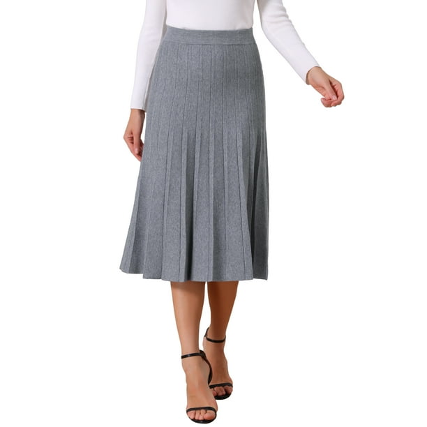 Faldas plisadas de la edición INSPIRE CHIC para mujer, de cintura alta, elásticas, en línea A, de punto acanalado, falda midi para outfits de otoño e invierno, color gris claro M