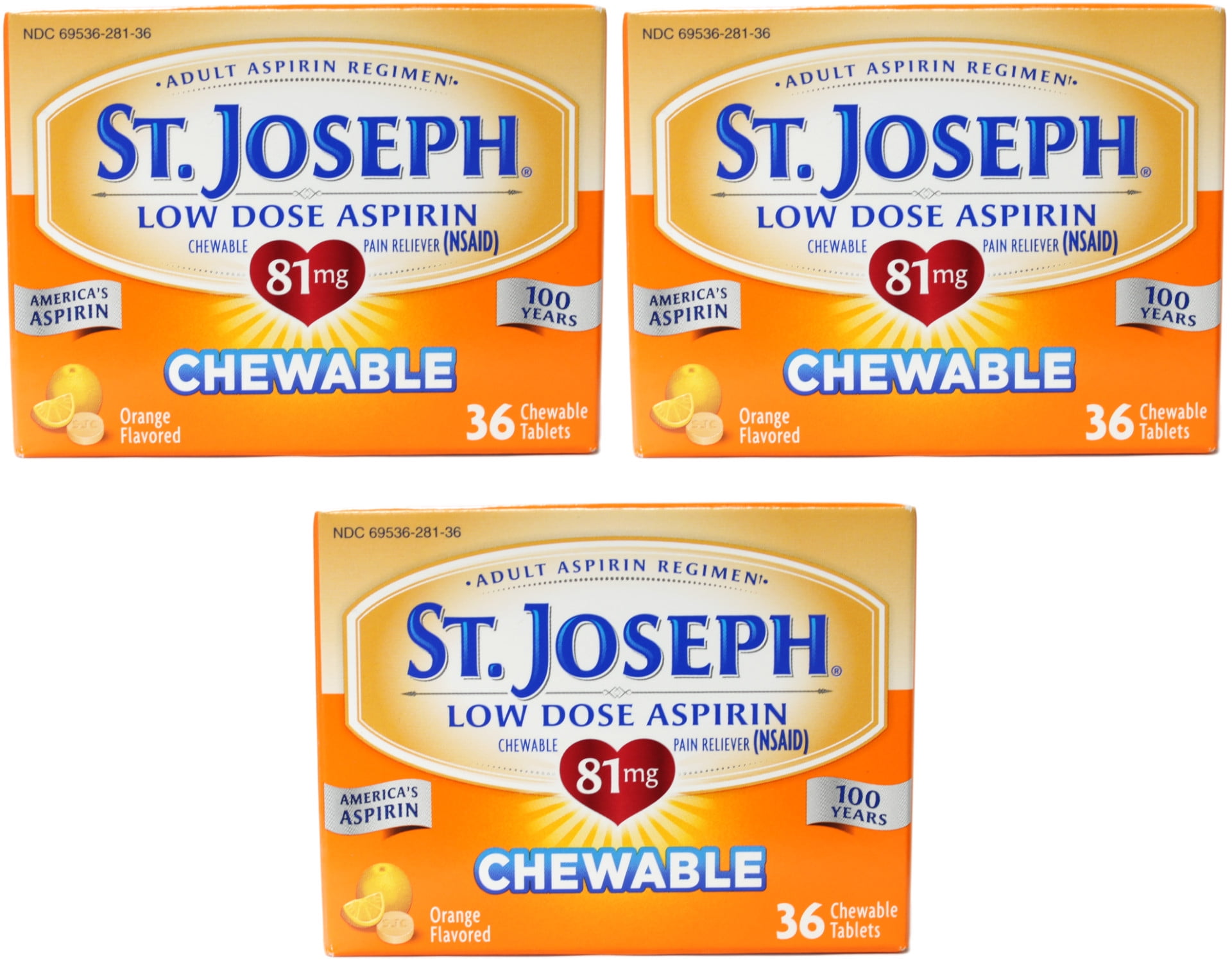 3 Pack St. Joseph Low Dose Aspirin Adult Aspirin Regimen 36 Chewable Tabs Each