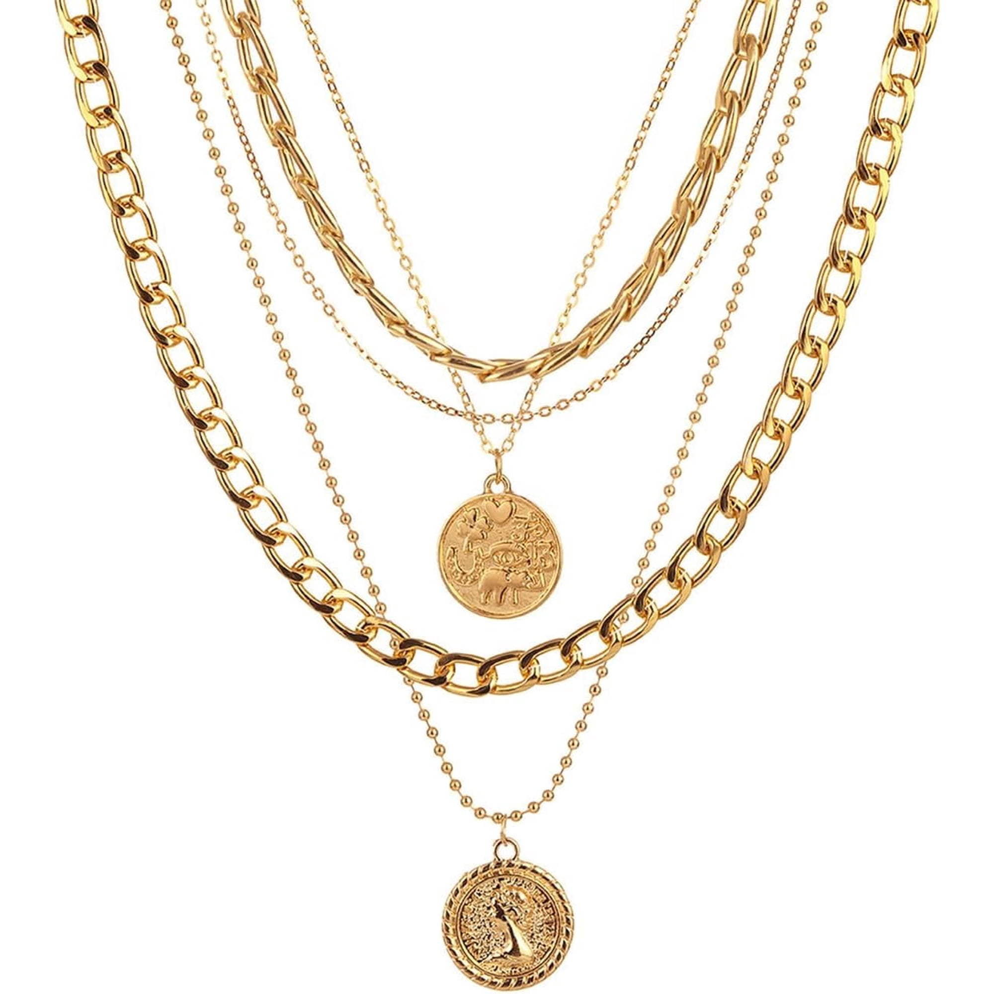 Gold Layered Necklaces for Women Chunky Gold Necklace Layered Link Chain Necklace Retro Coin Pendant Neckalce Multilayer Punk 80s 90s Jewelry for Her