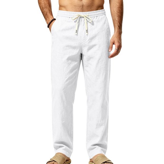 Men's Linen Pants Lightweight Drawstring Elastic Waist Straight Legs Loose Fit Summer Beach Yoga Pants with Pockets 2XL