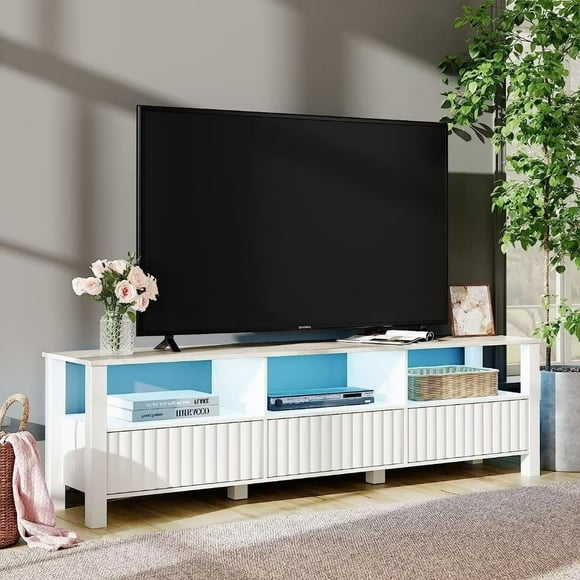 WAMPAT White TV Stand with Blue/Yellow LED Light, Modern Entertainment Center for 75 Inch TV Console Table with Storage Cabinet & Open Shelf for Living Room Bedroom, 70"