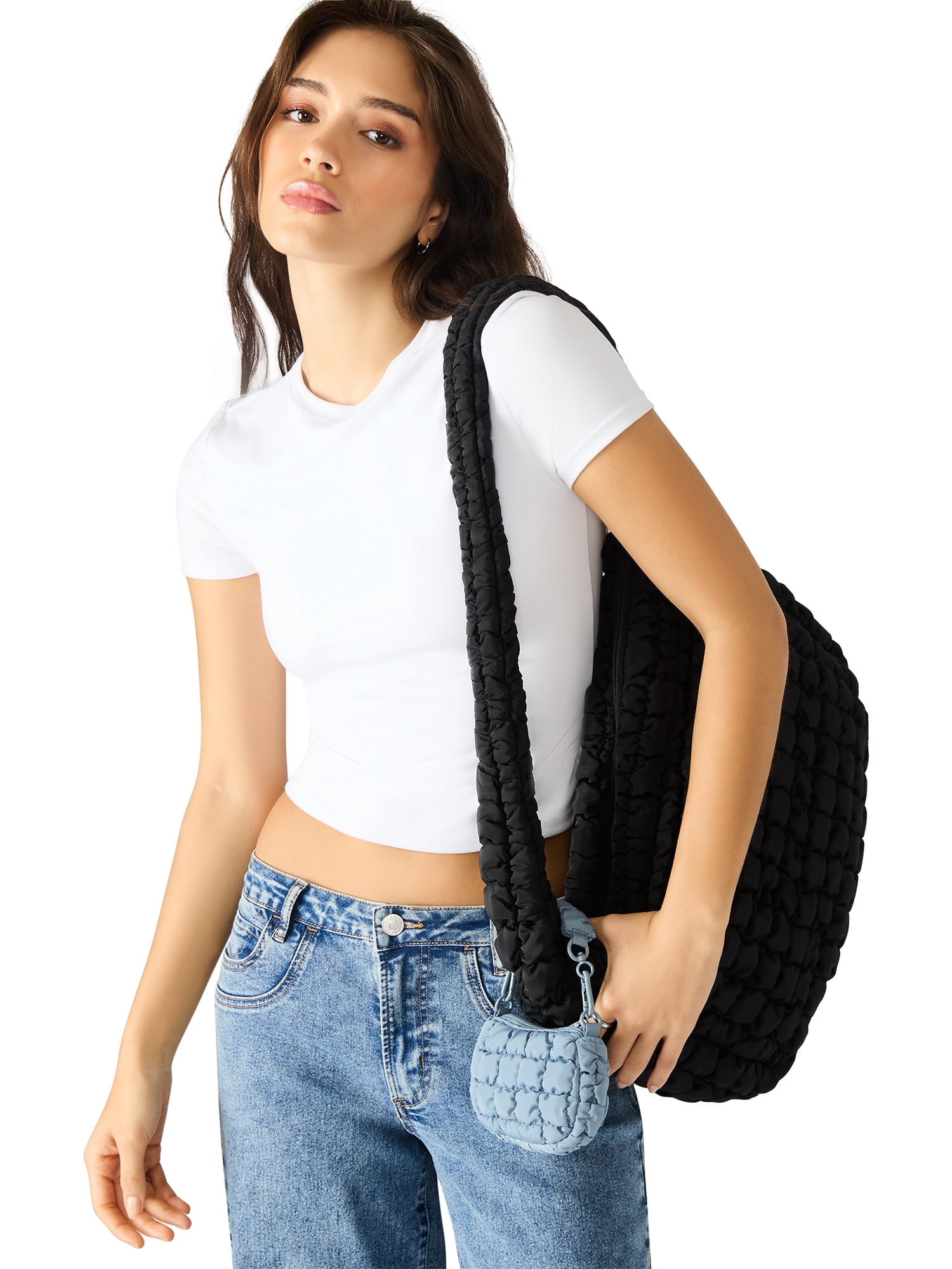 No Boundaries Women's Oversized Quilted Hobo Bag, Black