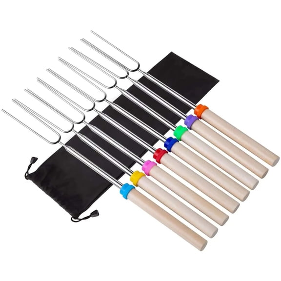 Tkrady Marshmallow Roasting Sticks 8Pcs Extendable 32inch Long Metal Barbecue Skewers For Grilling Set,Telescoping Smores BBQ Forks, Fire Pit Sticks for Hot Dogs,Camping,Bonfire