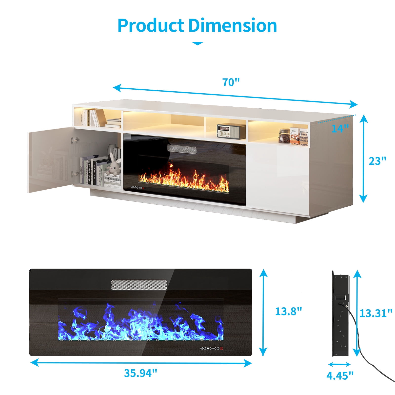 TABU 70" Fireplace TV Stand with 36" Fireplace,Entertainment center with Fireplace for TVs up to 80",White