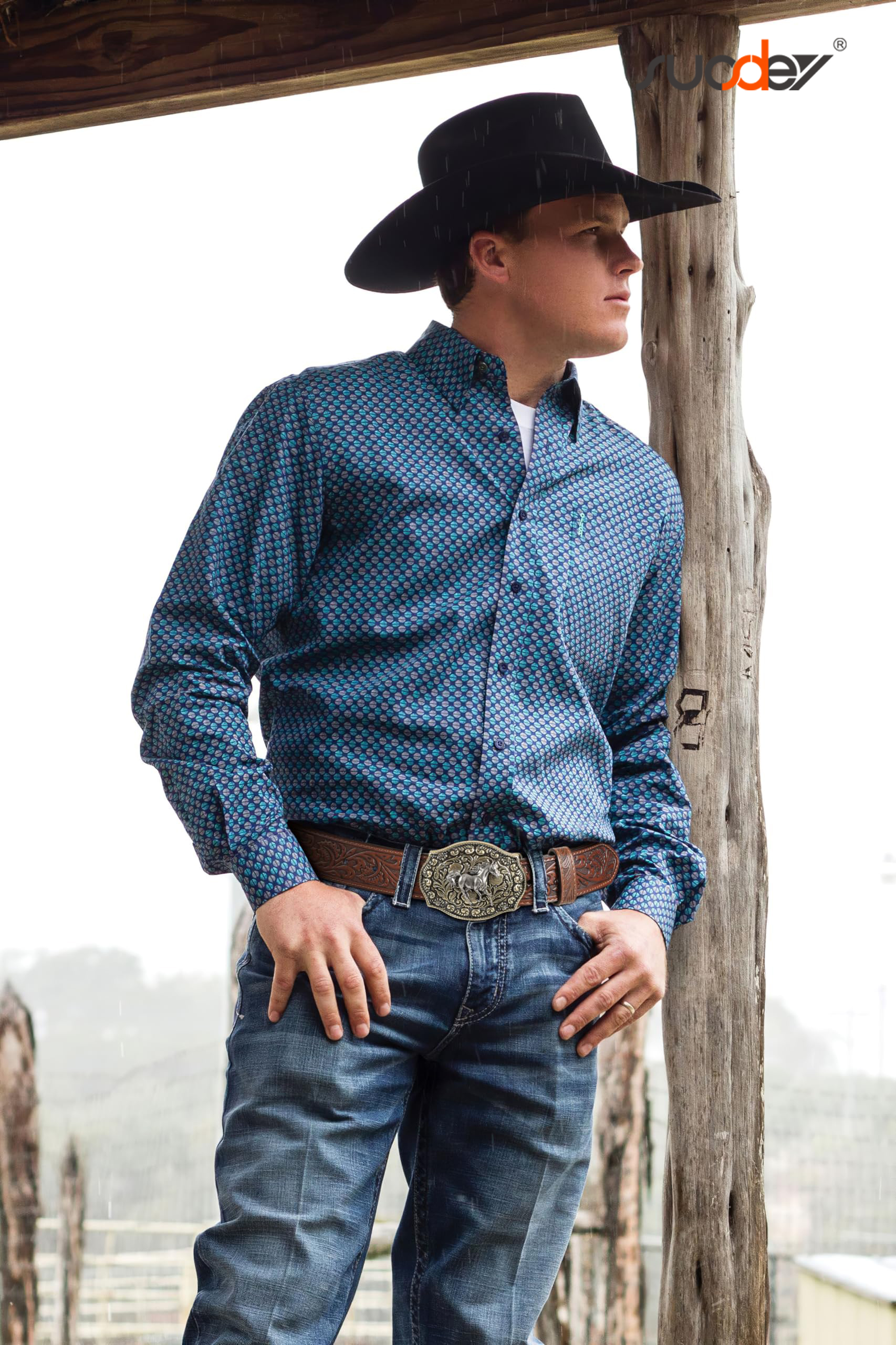 Suosdey Cowboy Embossed Leather Belt with Removable Buckle photo 6
