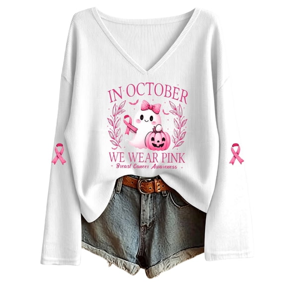 Women's Cancer Pink Ribbon Graphic Tshirts Plus Size Trendy Letter Printed Long Sleeve Fall Tops Ladies Causal Loose Fit V Neck Tees White02 XL